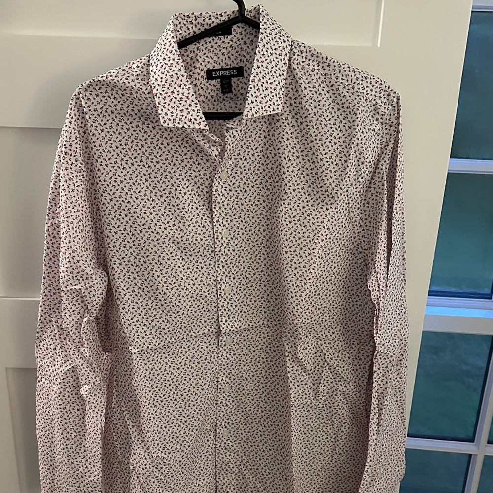 Express Men's Casual White and Red Button Down Shirt